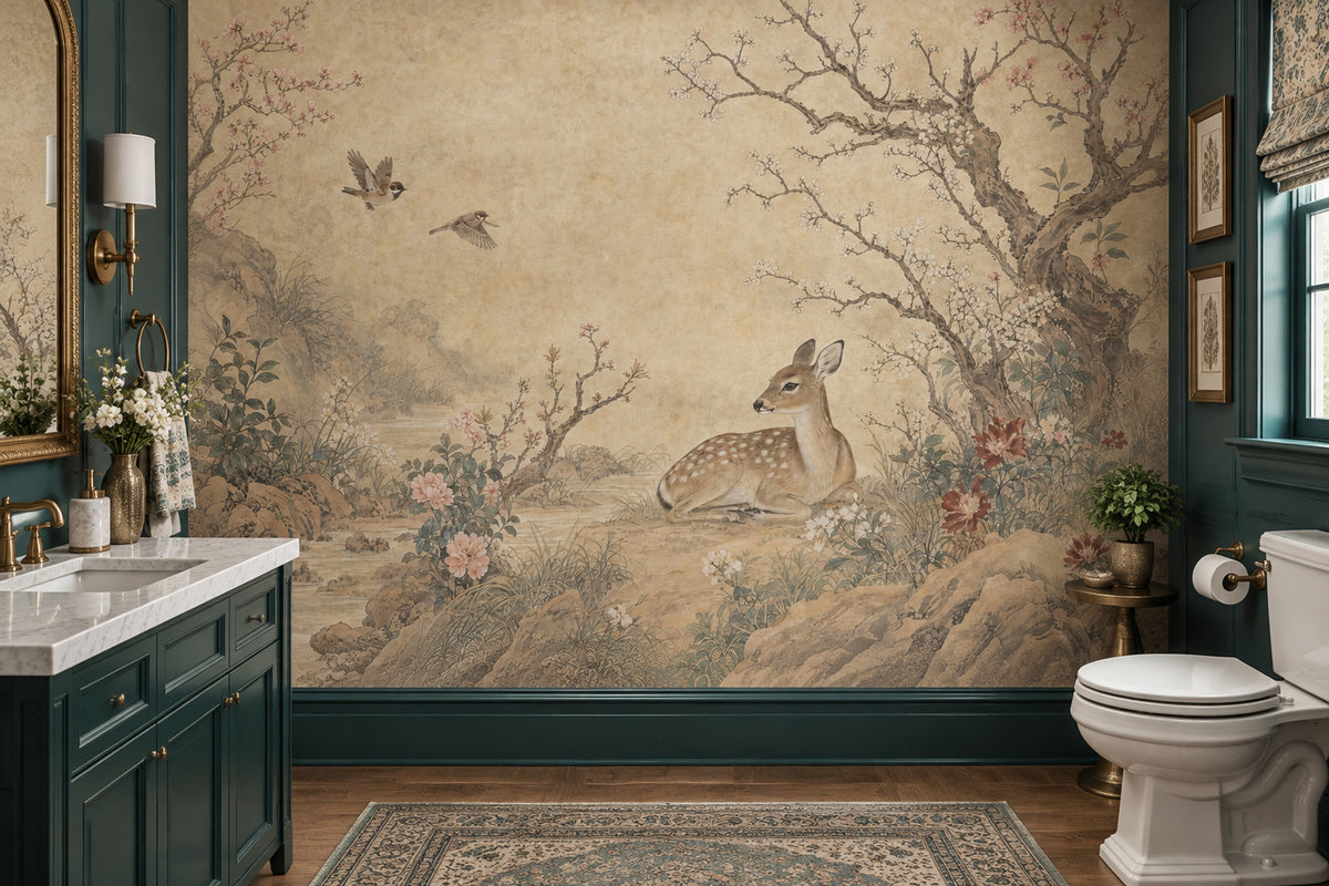 Deer And Blossom Branches Wallpaper Vintage Chinoiserie Wall Mural