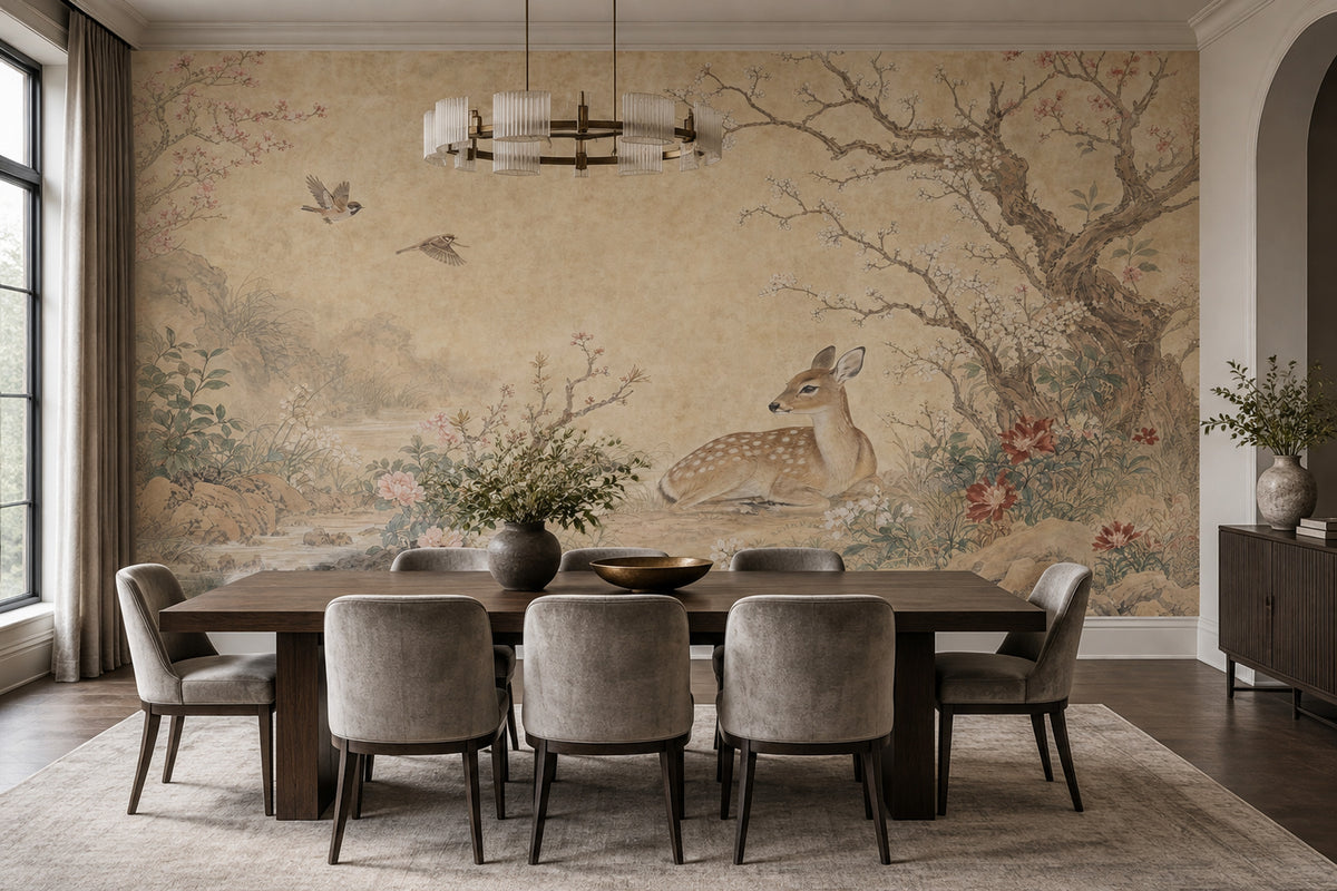 Deer And Blossom Branches Wallpaper Vintage Chinoiserie Wall Mural