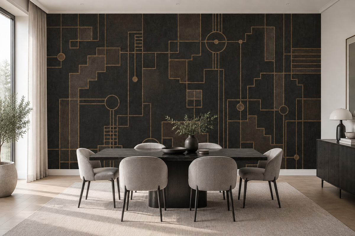 Geometric Art Deco Grid Wallpaper Dark Gold Lines Wall Mural