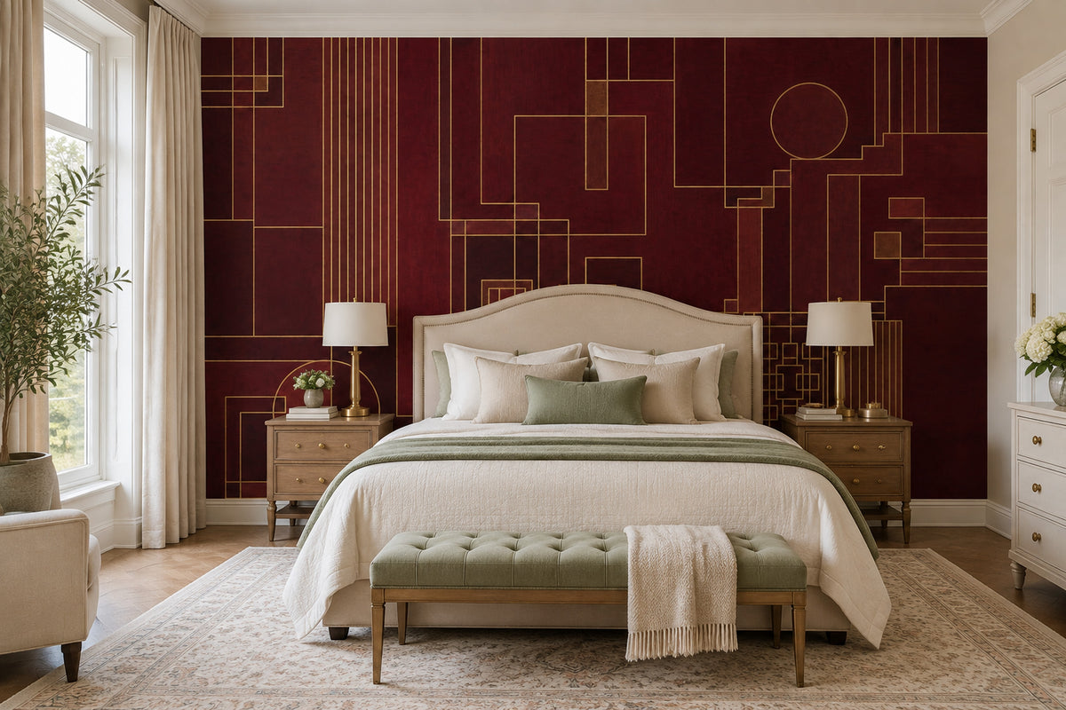 Burgundy Geometric Lines Wallpaper Art Deco Gold Wall Mural