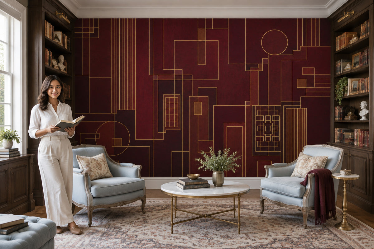 Burgundy Geometric Lines Wallpaper Art Deco Gold Wall Mural