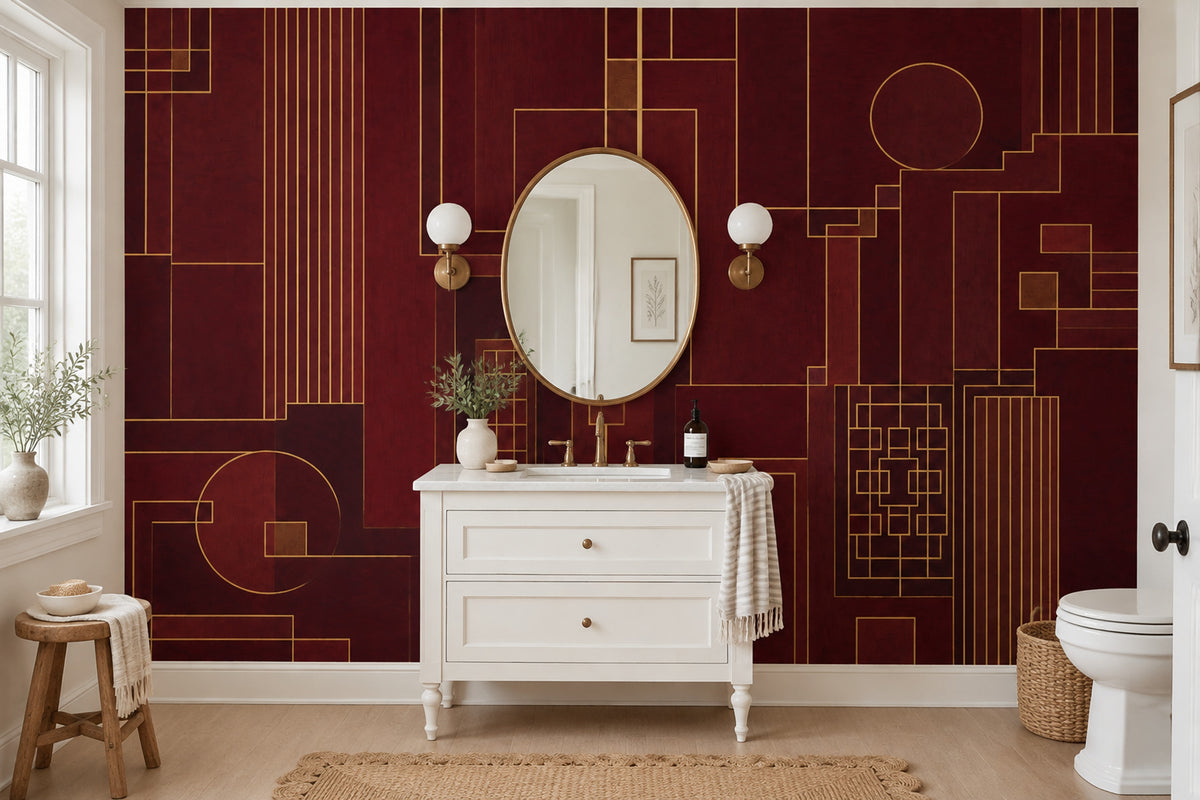 Burgundy Geometric Lines Wallpaper Art Deco Gold Wall Mural