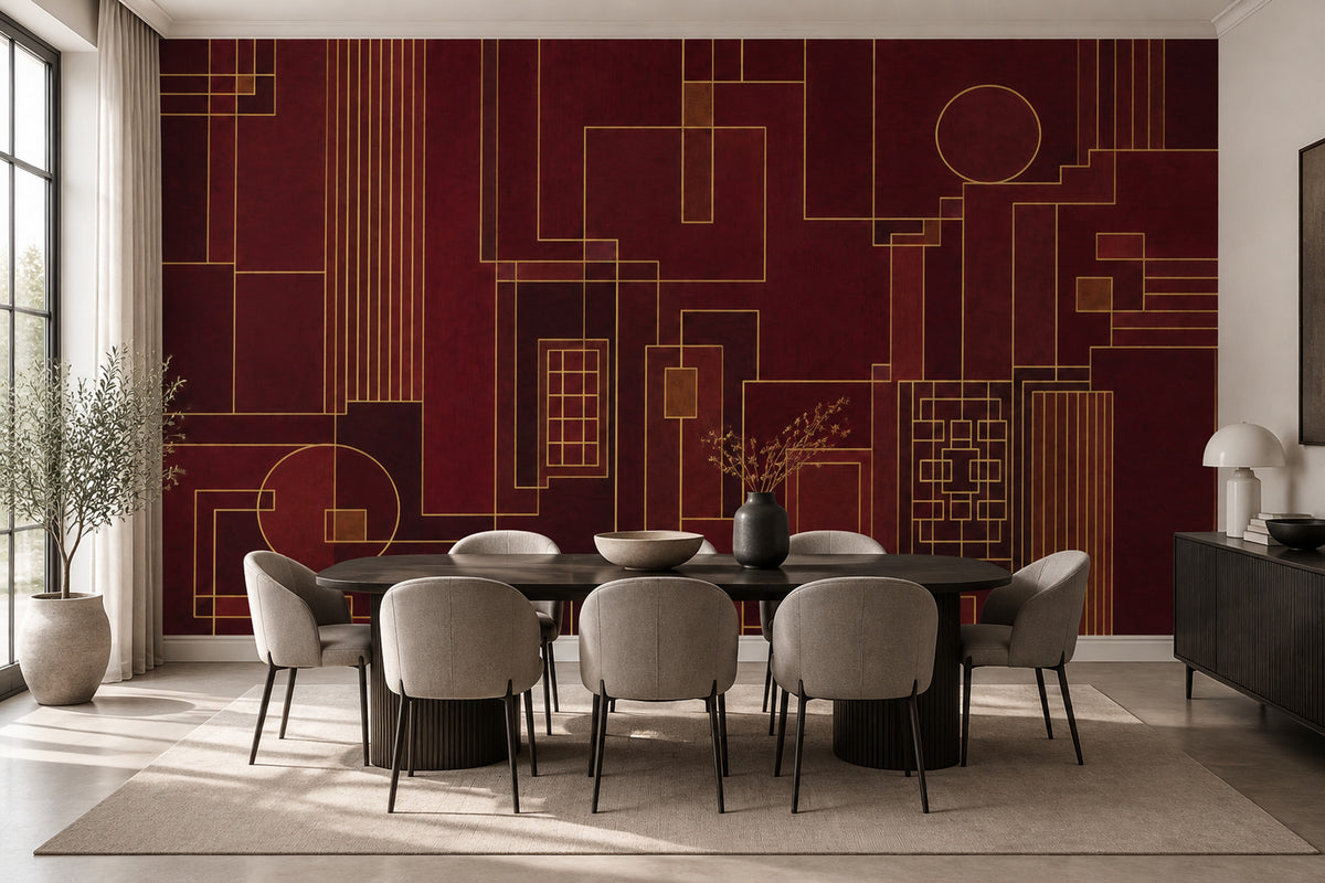 Burgundy Geometric Lines Wallpaper Art Deco Gold Wall Mural