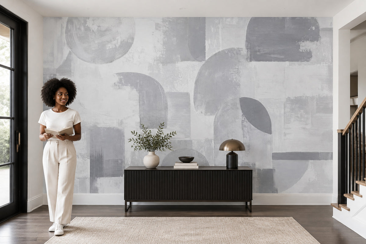 Gray Abstract Shapes Wallpaper Textured Brushstroke Wall Mural