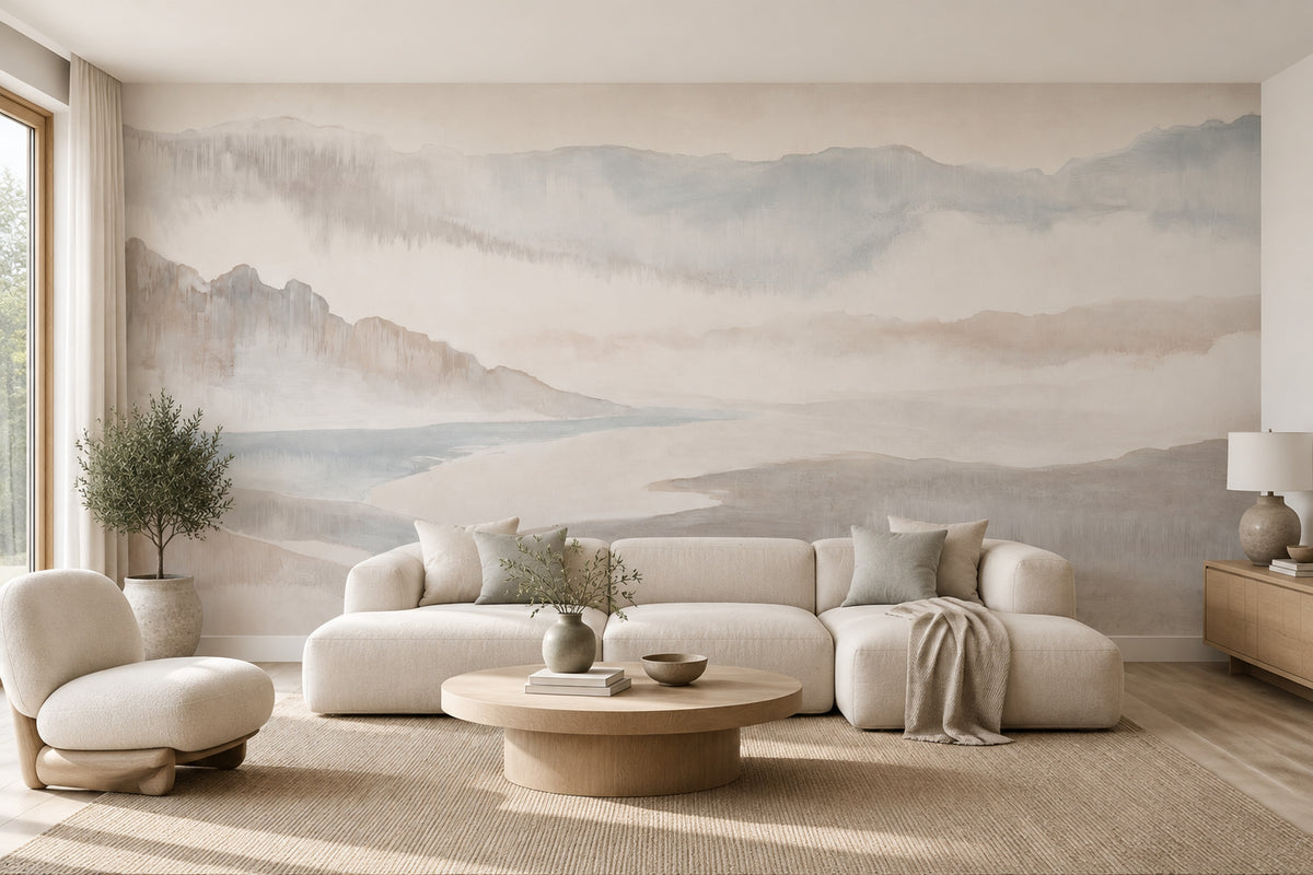Misty Mountains Wallpaper Neutral Watercolor Wall Mural
