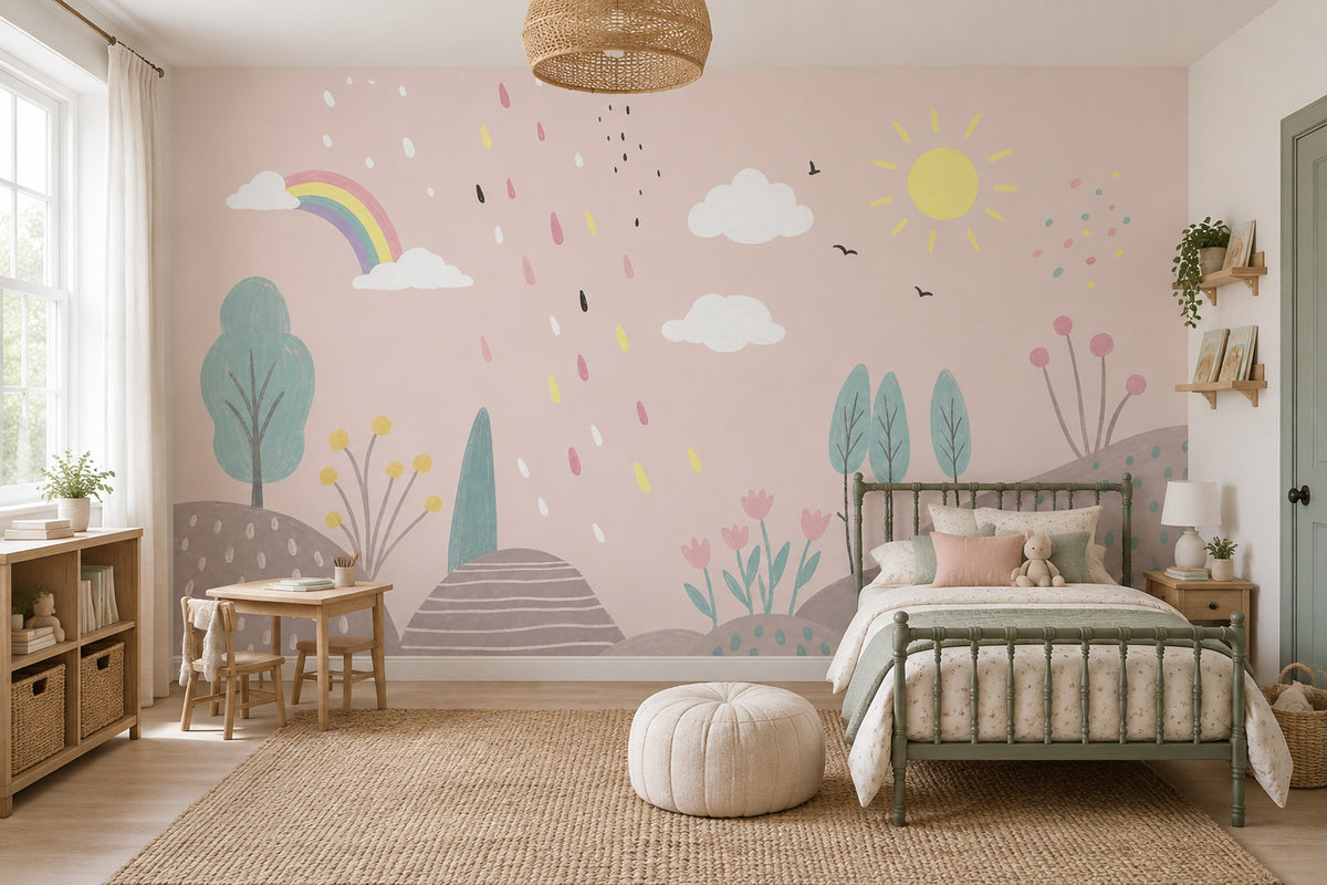 Rainbow Sun And Clouds Wallpaper Pastel Landscape Wall Mural