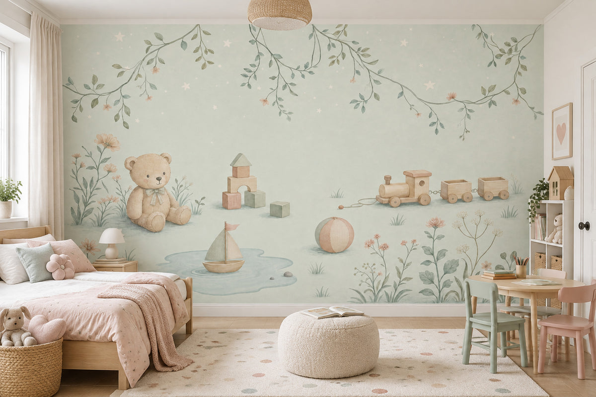 Watercolor Teddy Bear Wallpaper Pastel Toy Garden Wall Mural