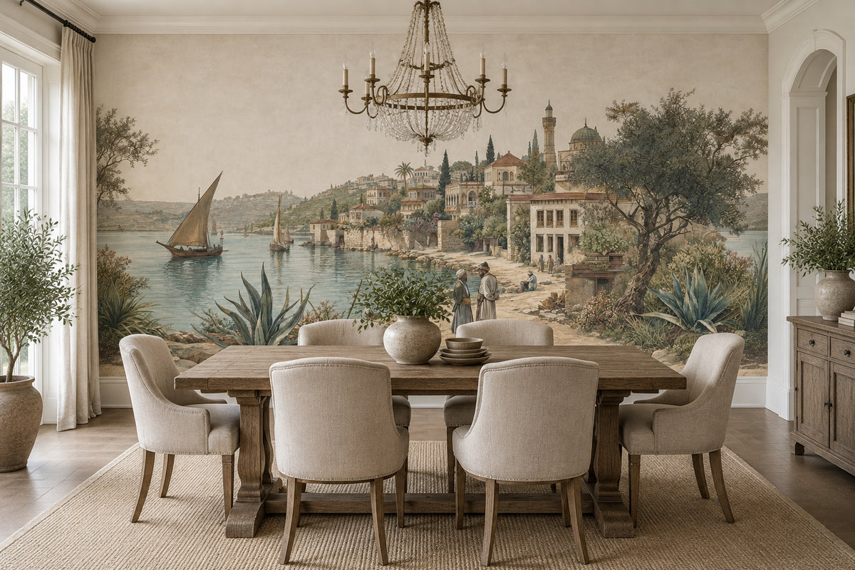 Mediterranean Coastal Village Wallpaper Vintage Landscape Wall Mural