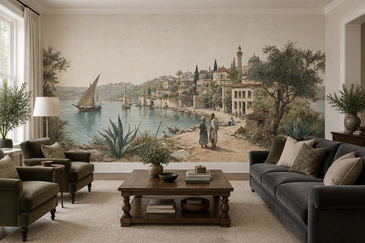 Mediterranean Coastal Village Wallpaper Vintage Landscape Wall Mural