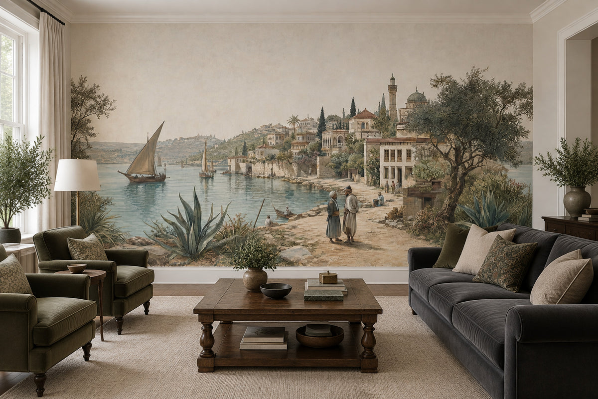 Mediterranean Coastal Village Wallpaper Vintage Landscape Wall Mural