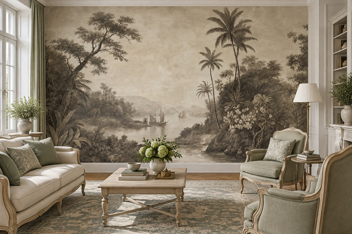 Sepia Tropical Landscape Wallpaper Vintage Toile Wall Mural