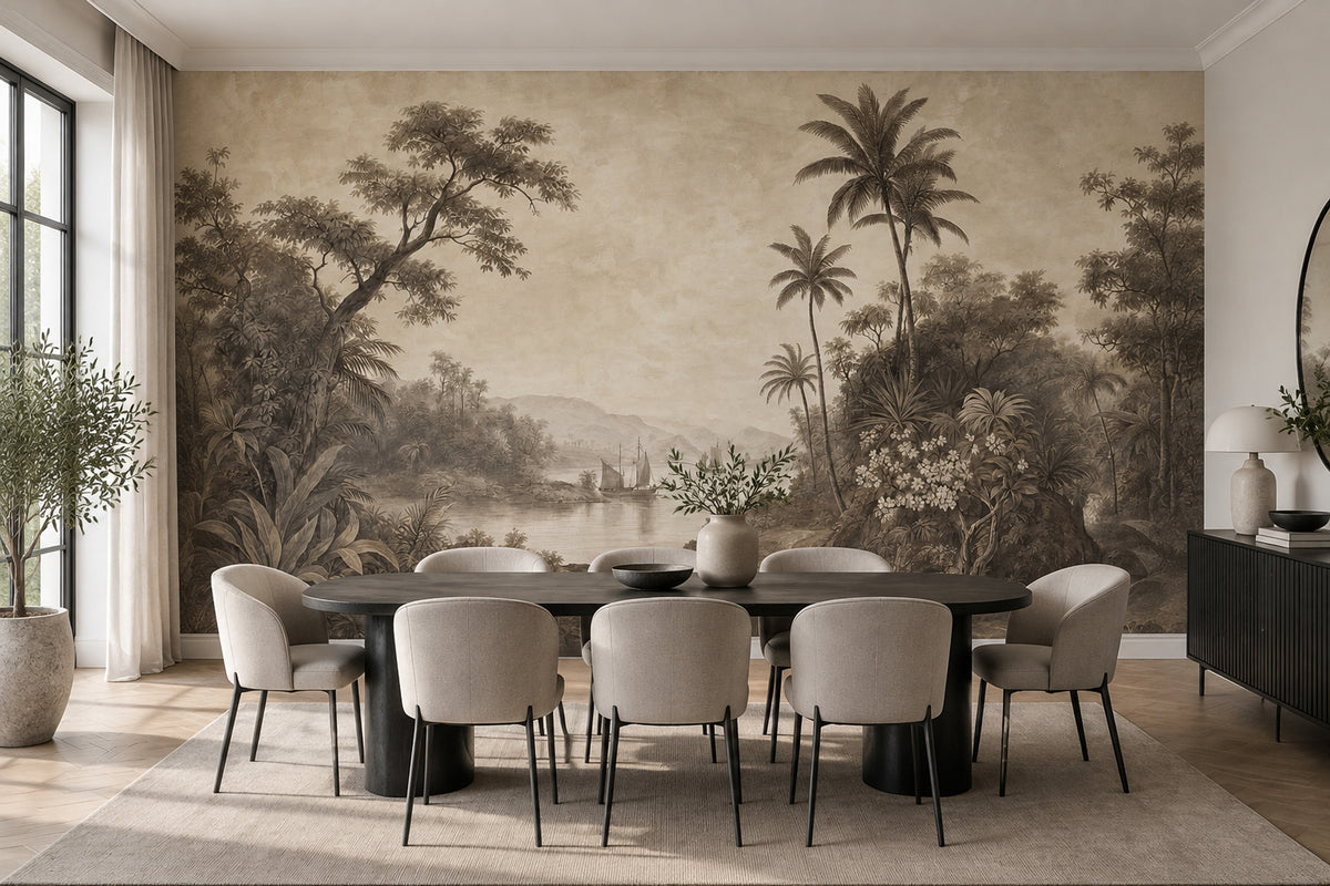 Sepia Tropical Landscape Wallpaper Vintage Toile Wall Mural
