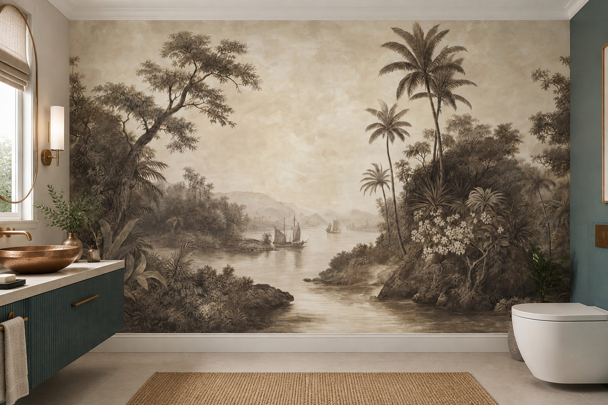 Sepia Tropical Landscape Wallpaper Vintage Toile Wall Mural