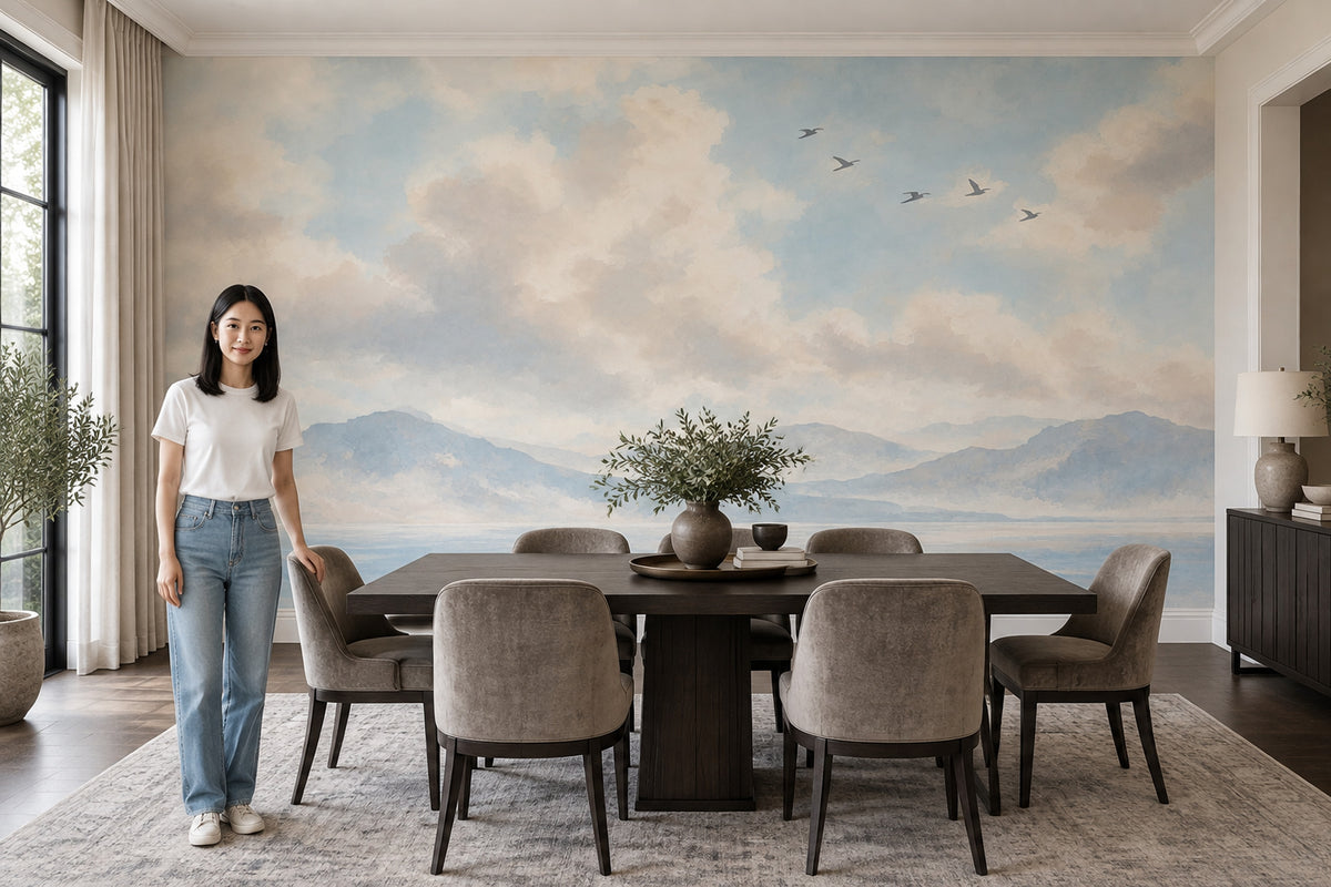 Watercolor Coastal Landscape Wallpaper Blue Sky Wall Mural