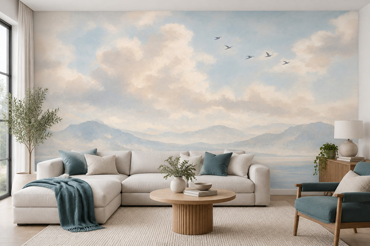 Watercolor Coastal Landscape Wallpaper Blue Sky Wall Mural