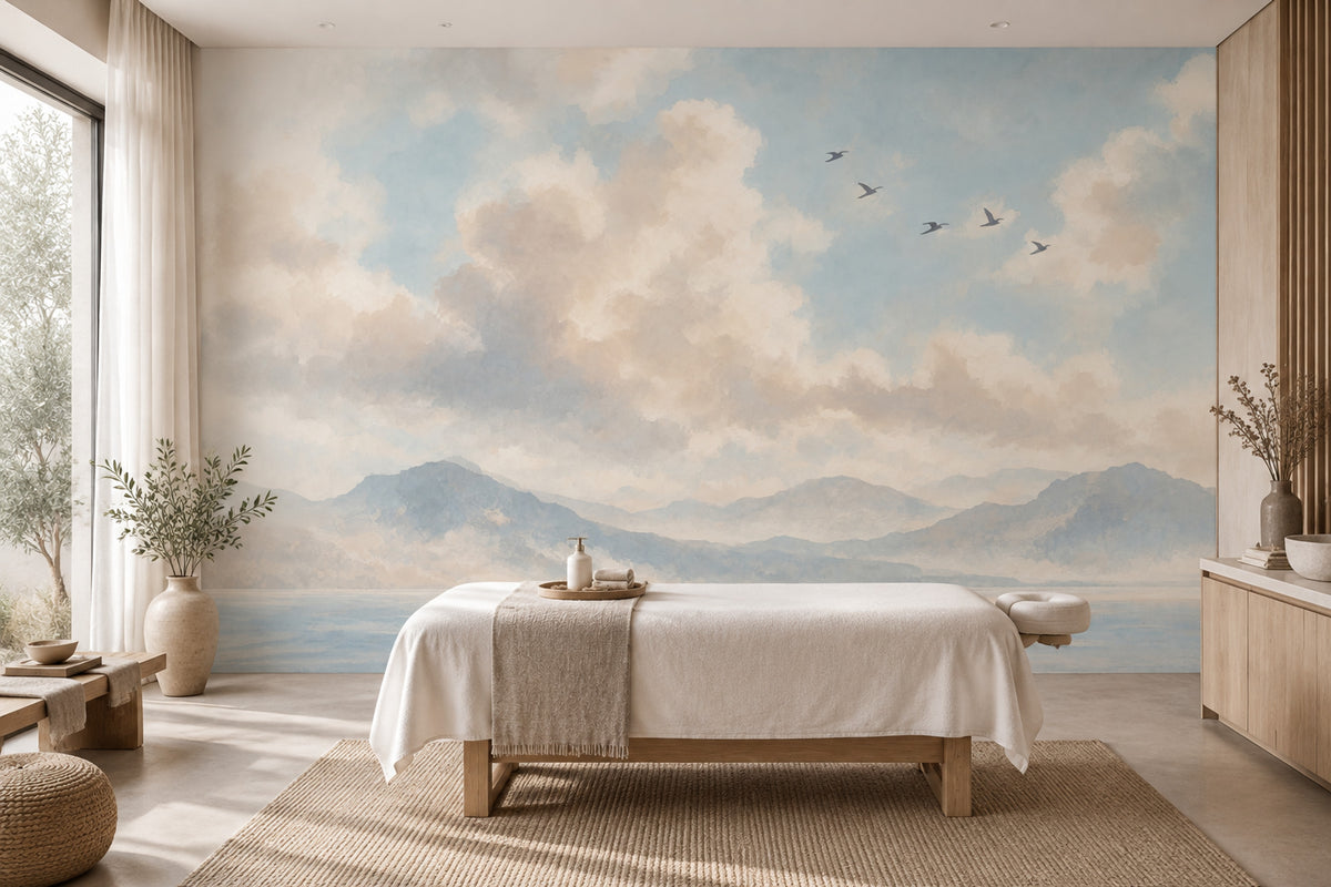 Watercolor Coastal Landscape Wallpaper Blue Sky Wall Mural