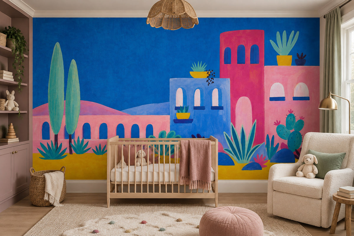 Mediterranean Village Wallpaper Colorful Architecture Wall Mural