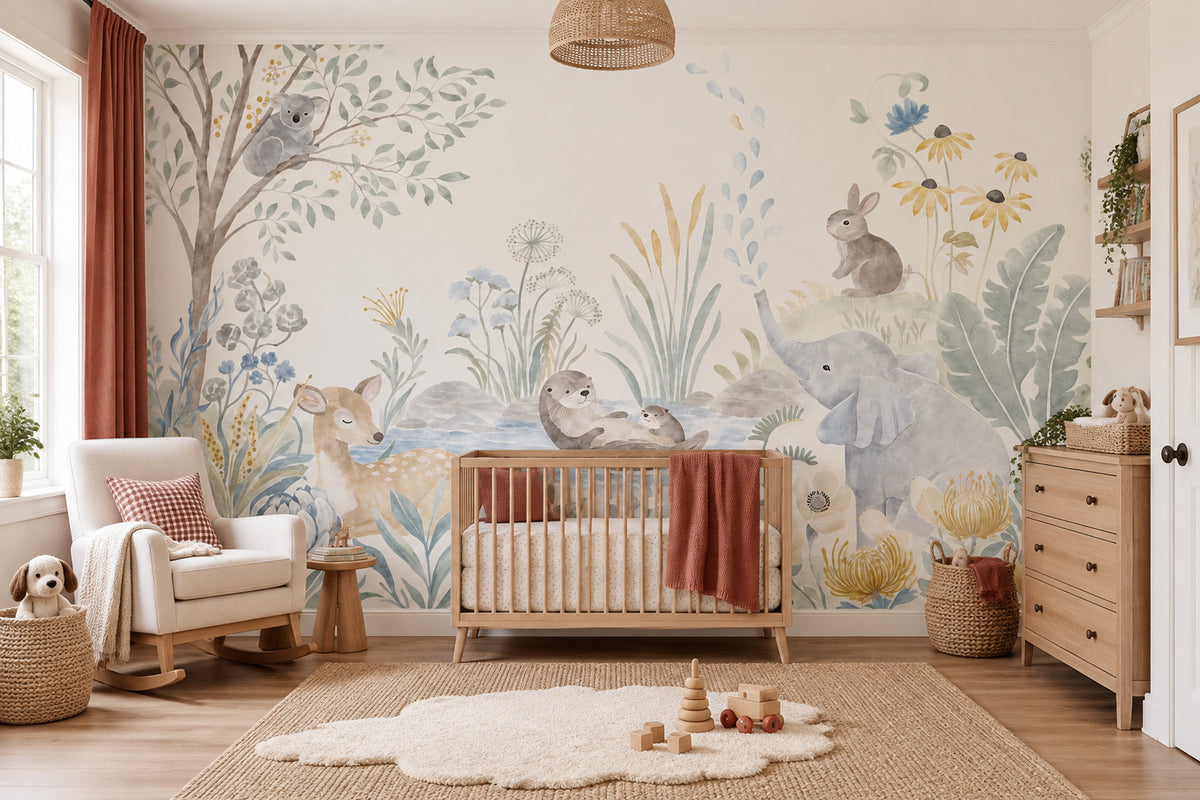 Woodland Animals Nursery Wallpaper Pastel Storybook Wall Mural