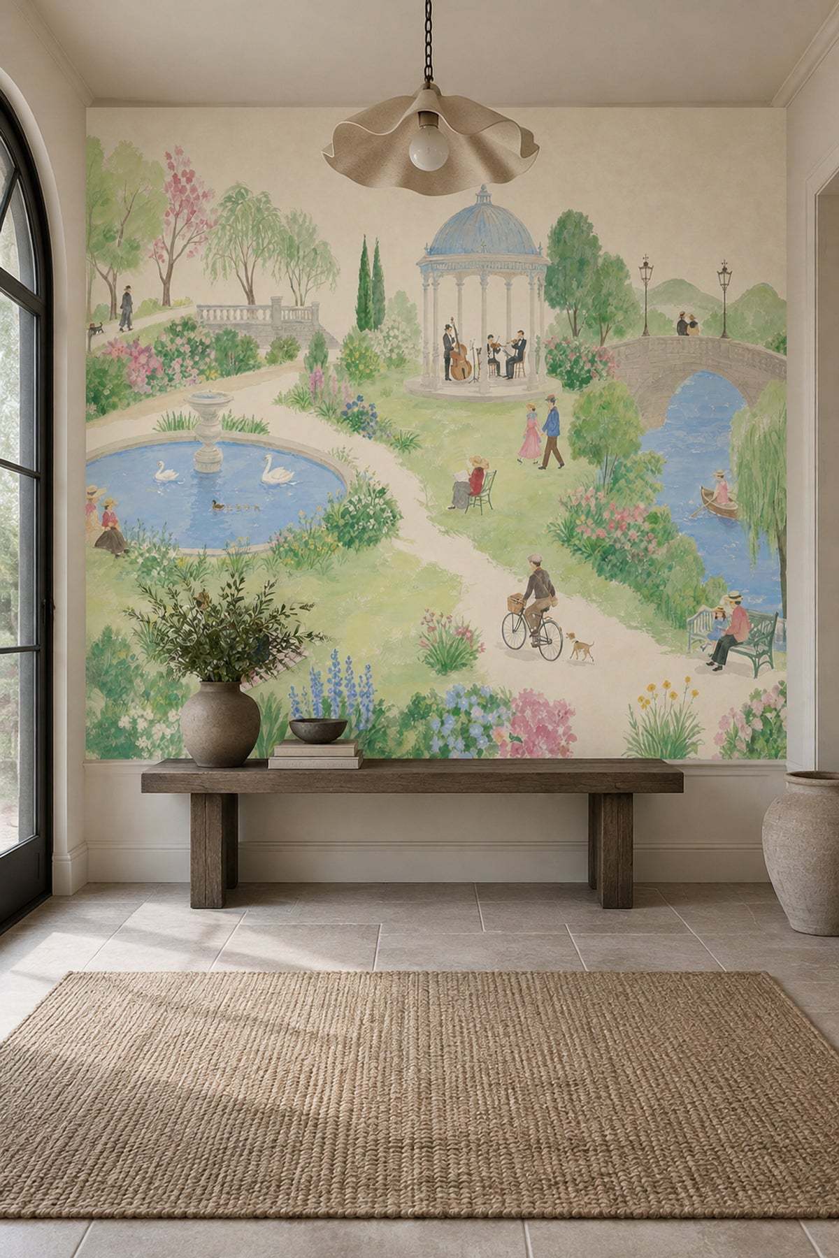 Watercolor European Park Wallpaper Gazebo River Wall Mural