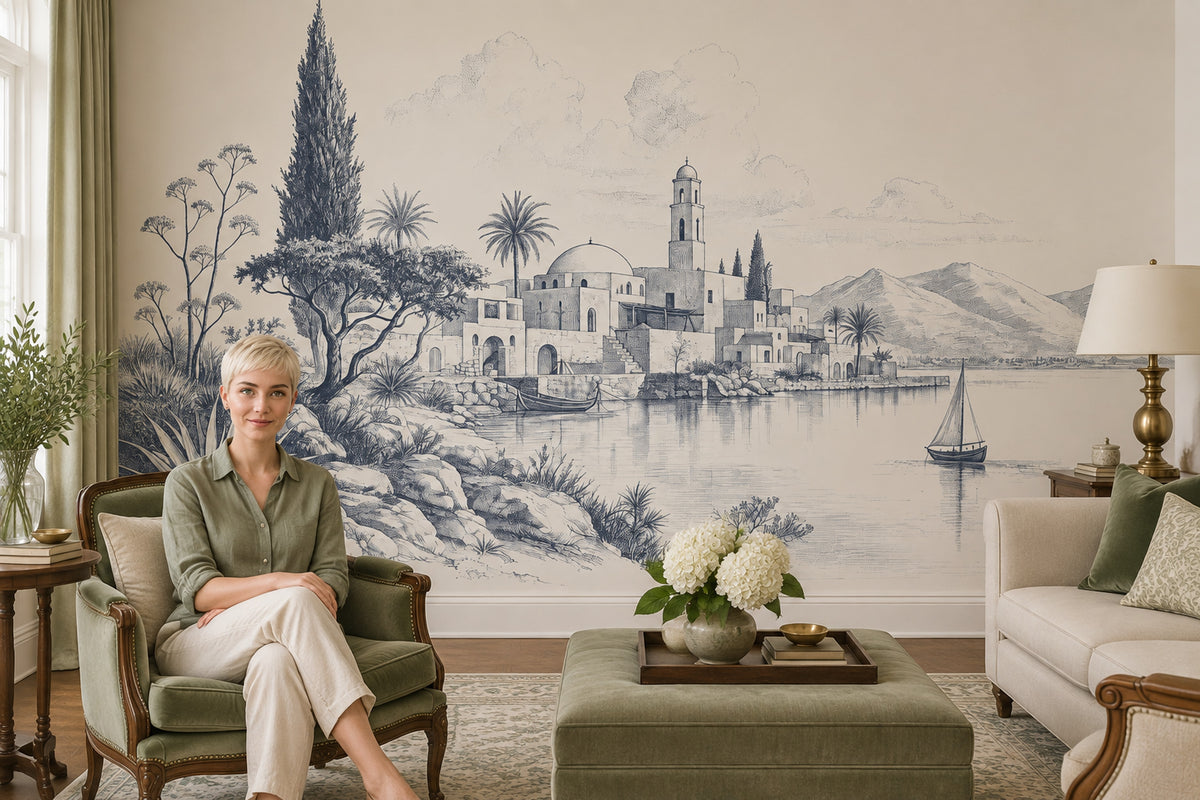 Mediterranean Coastal Village Wallpaper Toile Blue Linework Wall Mural