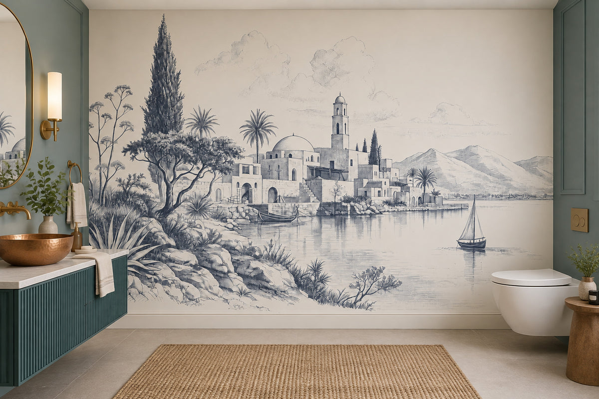 Mediterranean Coastal Village Wallpaper Toile Blue Linework Wall Mural