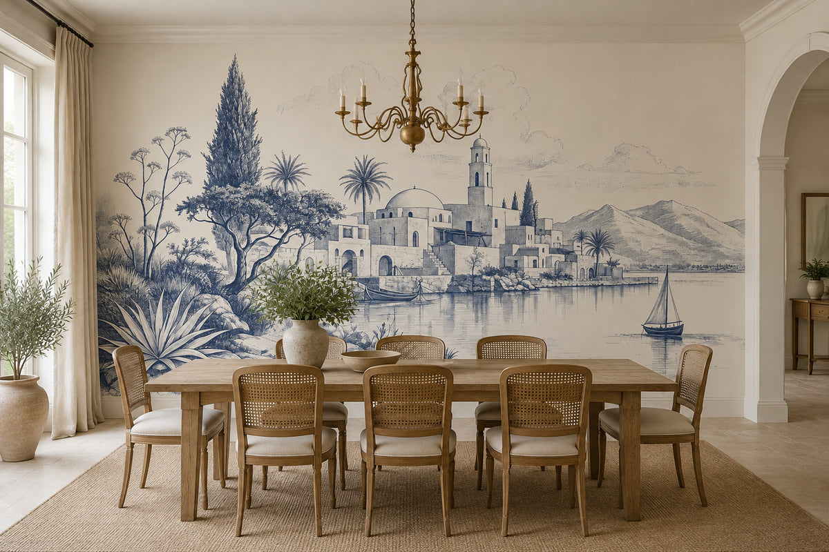 Mediterranean Coastal Village Wallpaper Toile Blue Linework Wall Mural