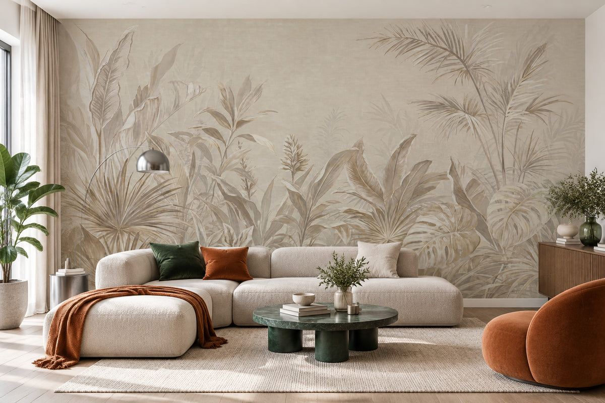 Neutral Tropical Foliage Wallpaper Watercolor Palm Wall Mural