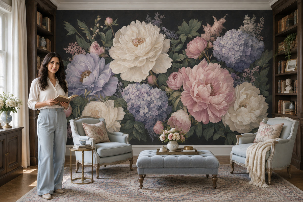 Peony And Hydrangea Wallpaper Dark Floral Wall Mural
