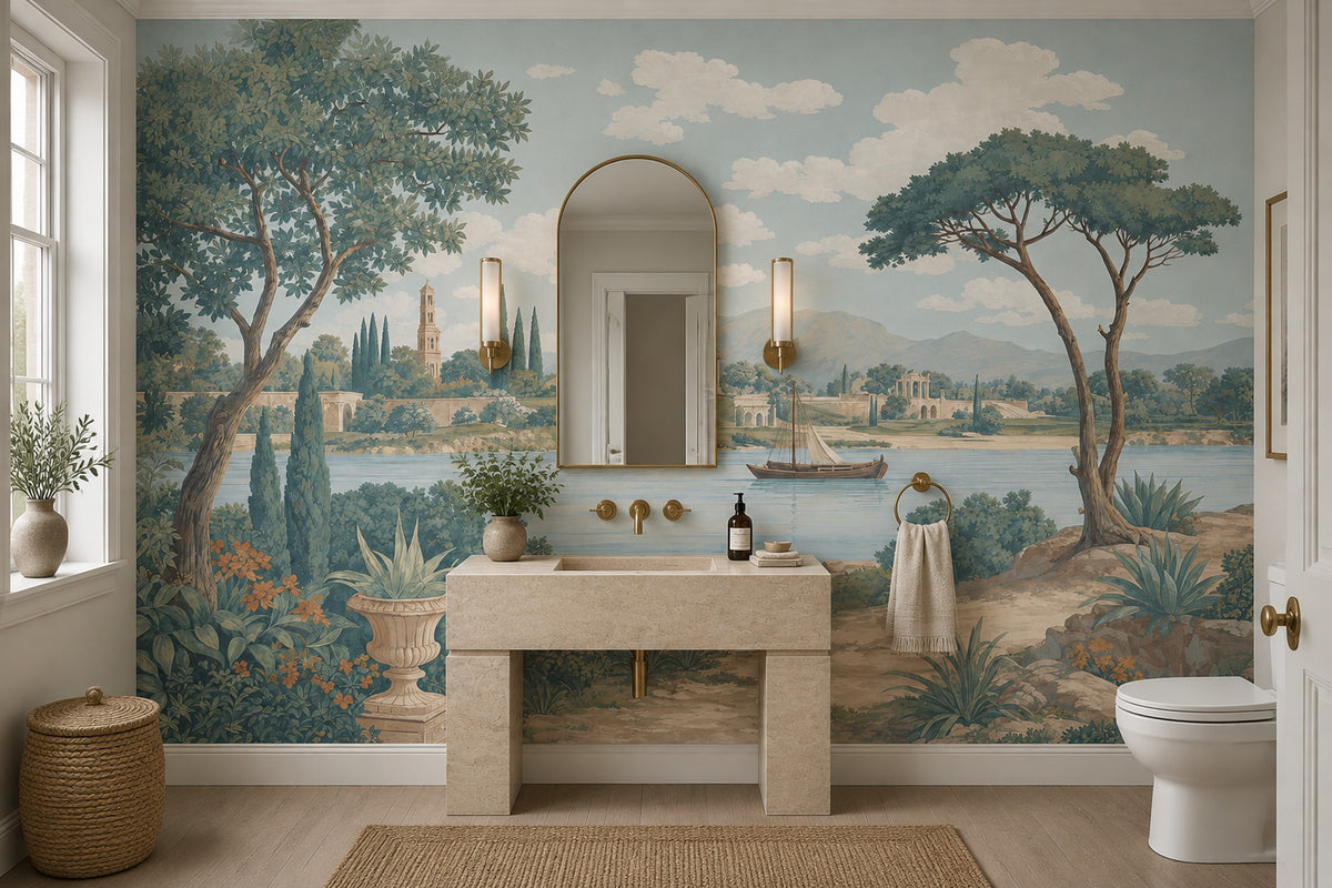 Lakeside Sailboat Wallpaper Vintage Architecture Wall Mural