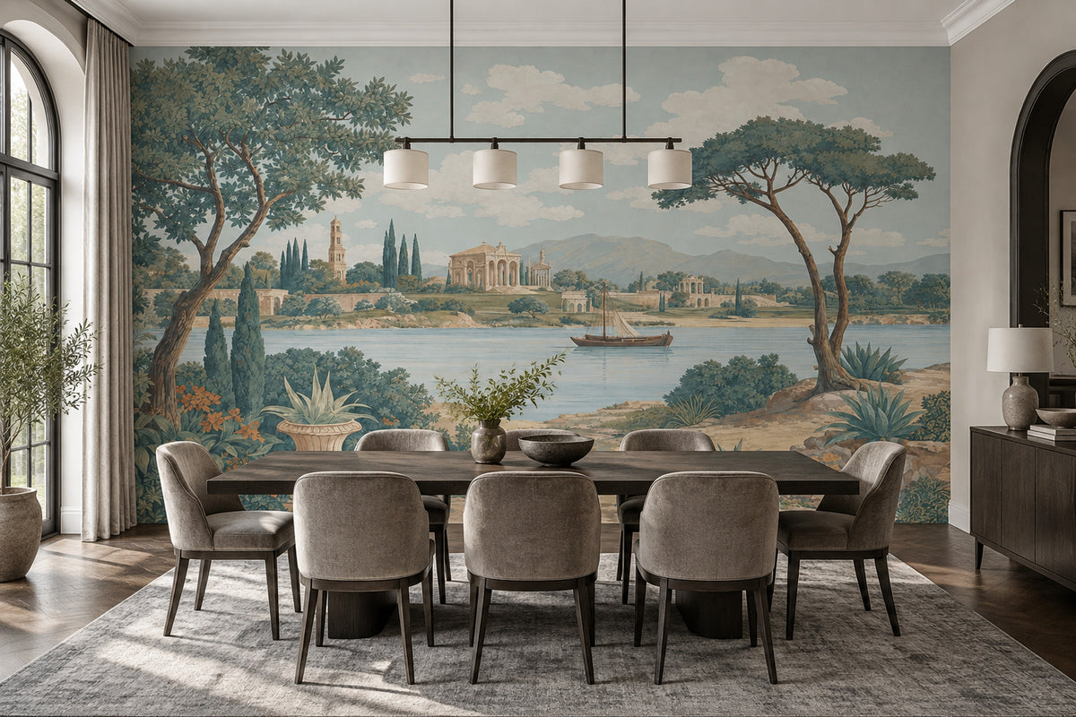 Lakeside Sailboat Wallpaper Vintage Architecture Wall Mural