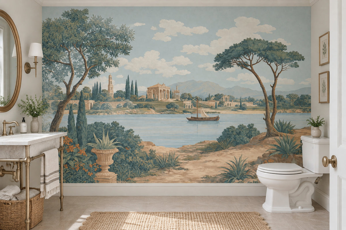 Lakeside Sailboat Wallpaper Vintage Architecture Wall Mural