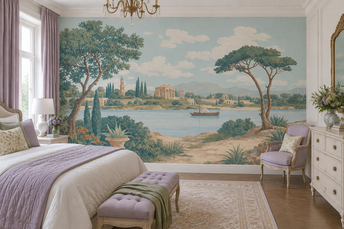 Lakeside Sailboat Wallpaper Vintage Architecture Wall Mural
