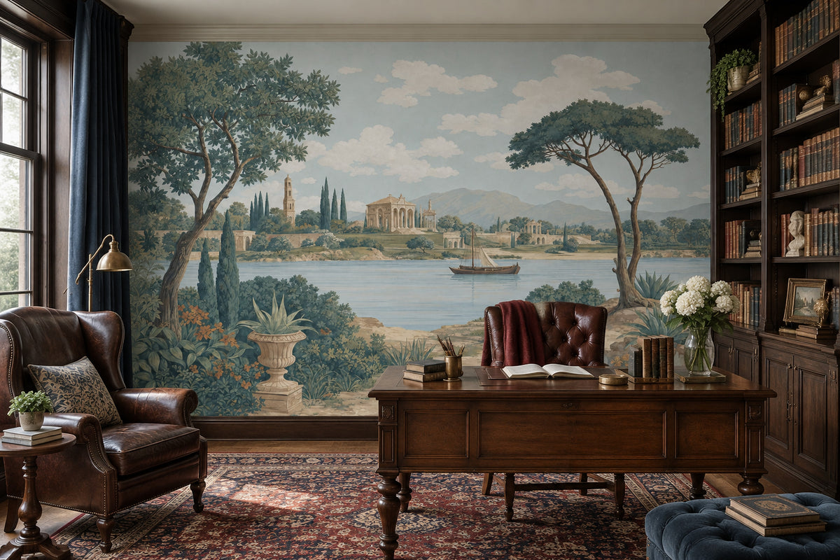 Lakeside Sailboat Wallpaper Vintage Architecture Wall Mural
