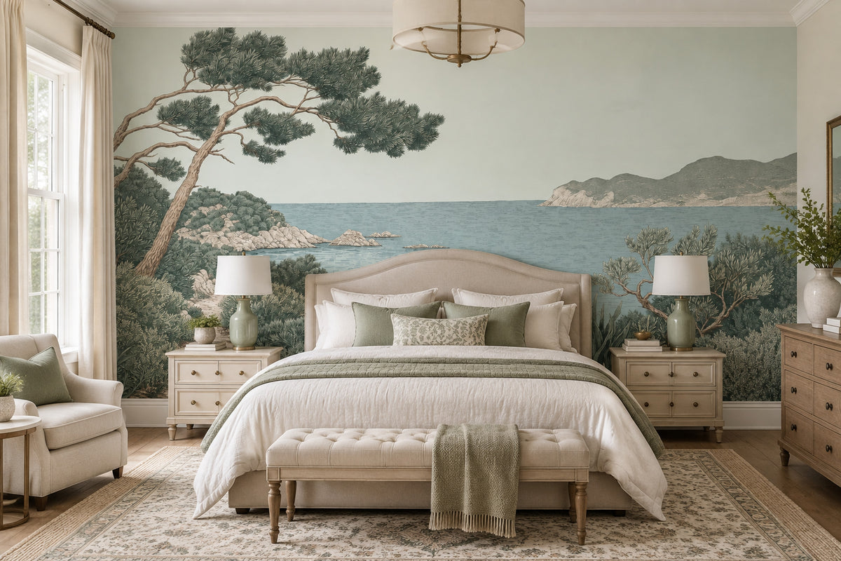 Mediterranean Sea View Wallpaper Vintage Coastal Wall Mural