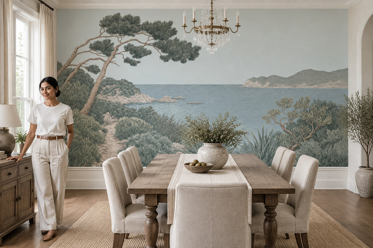 Mediterranean Sea View Wallpaper Vintage Coastal Wall Mural