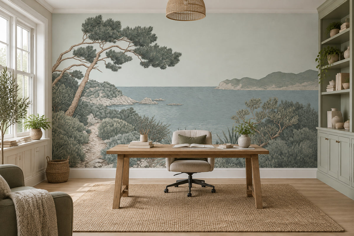Mediterranean Sea View Wallpaper Vintage Coastal Wall Mural