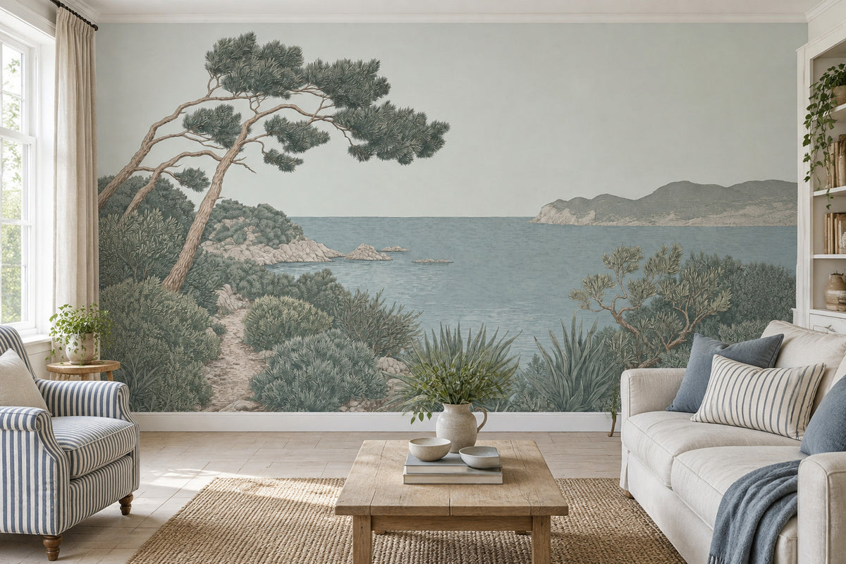 Mediterranean Sea View Wallpaper Vintage Coastal Wall Mural