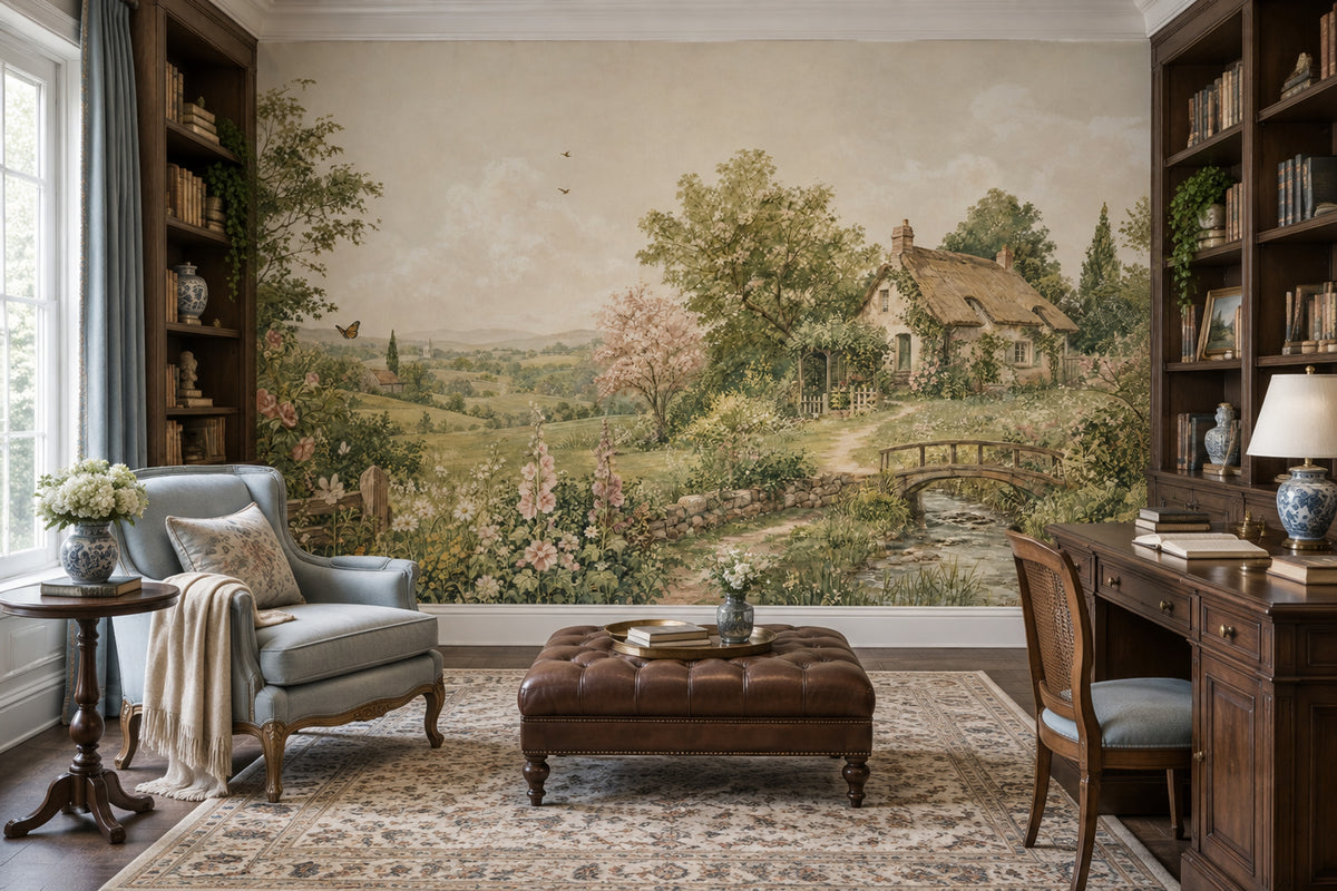 Thatched Cottage Landscape Wallpaper English Countryside Wall Mural