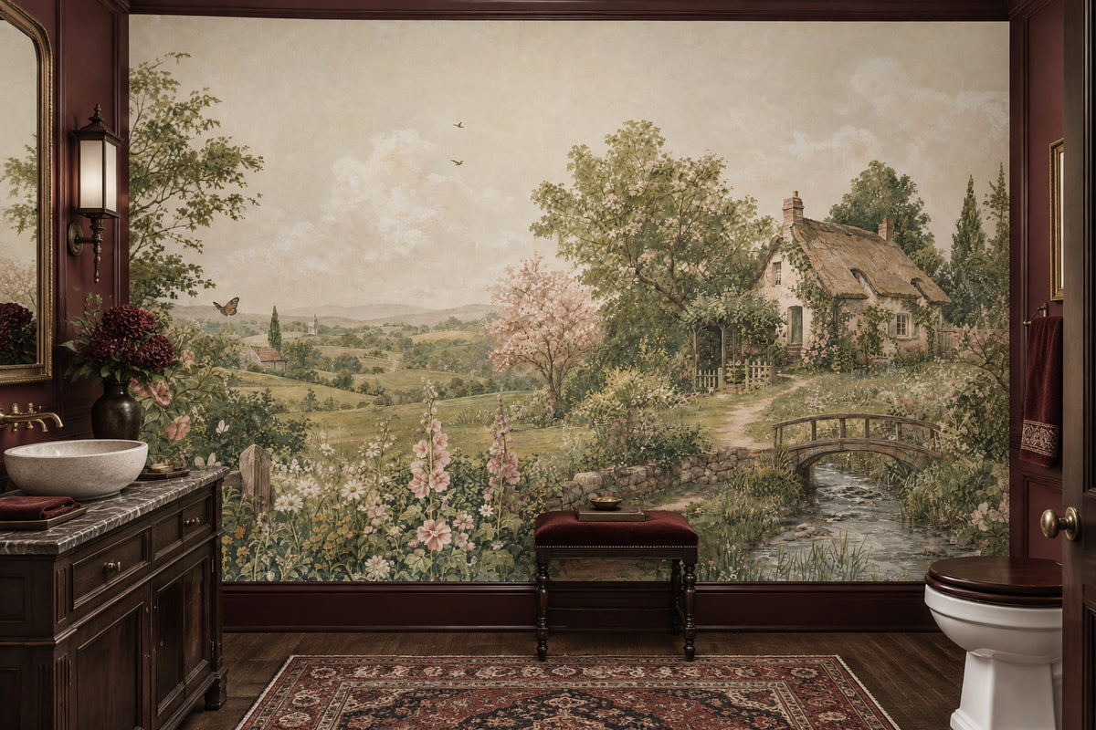 Thatched Cottage Landscape Wallpaper English Countryside Wall Mural