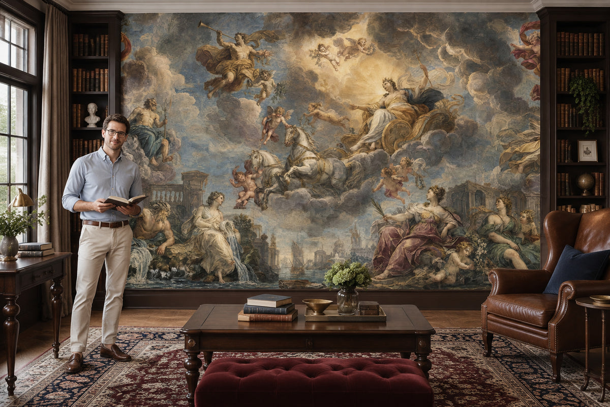 Mythological Gods And Cherubs Wallpaper Dark Fresco Wall Mural