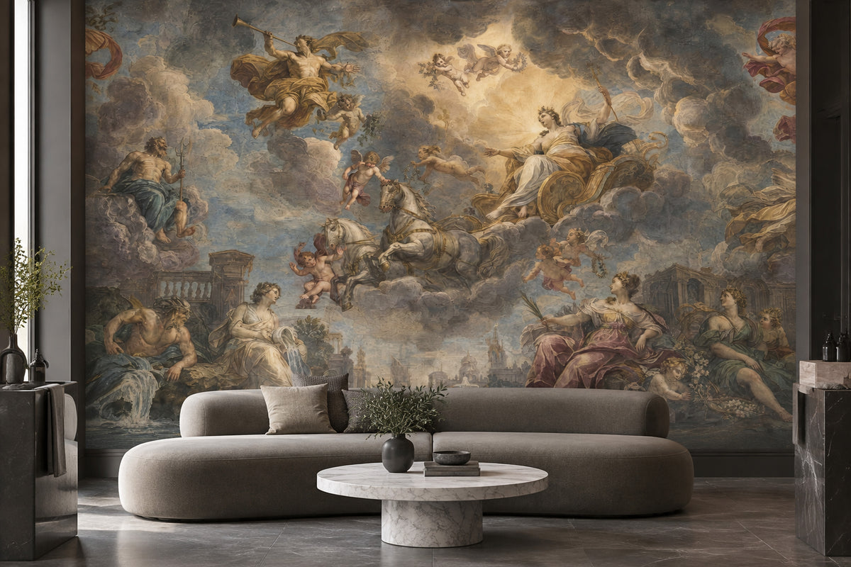 Mythological Gods And Cherubs Wallpaper Dark Fresco Wall Mural