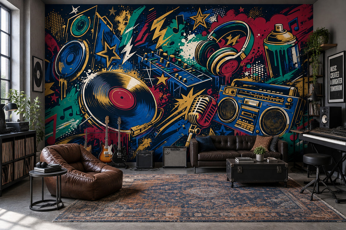 Graffiti DJ Gear Wallpaper Dark Street Art Wall Mural