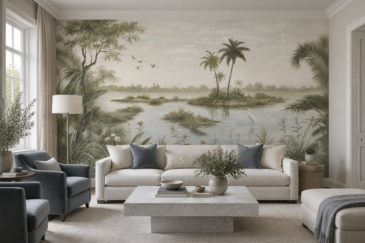 Tropical Wetland Heron Wallpaper Vintage Botanical Wall Mural