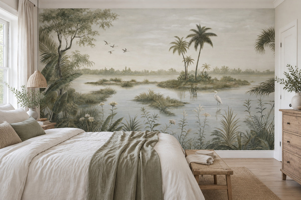 Tropical Wetland Heron Wallpaper Vintage Botanical Wall Mural