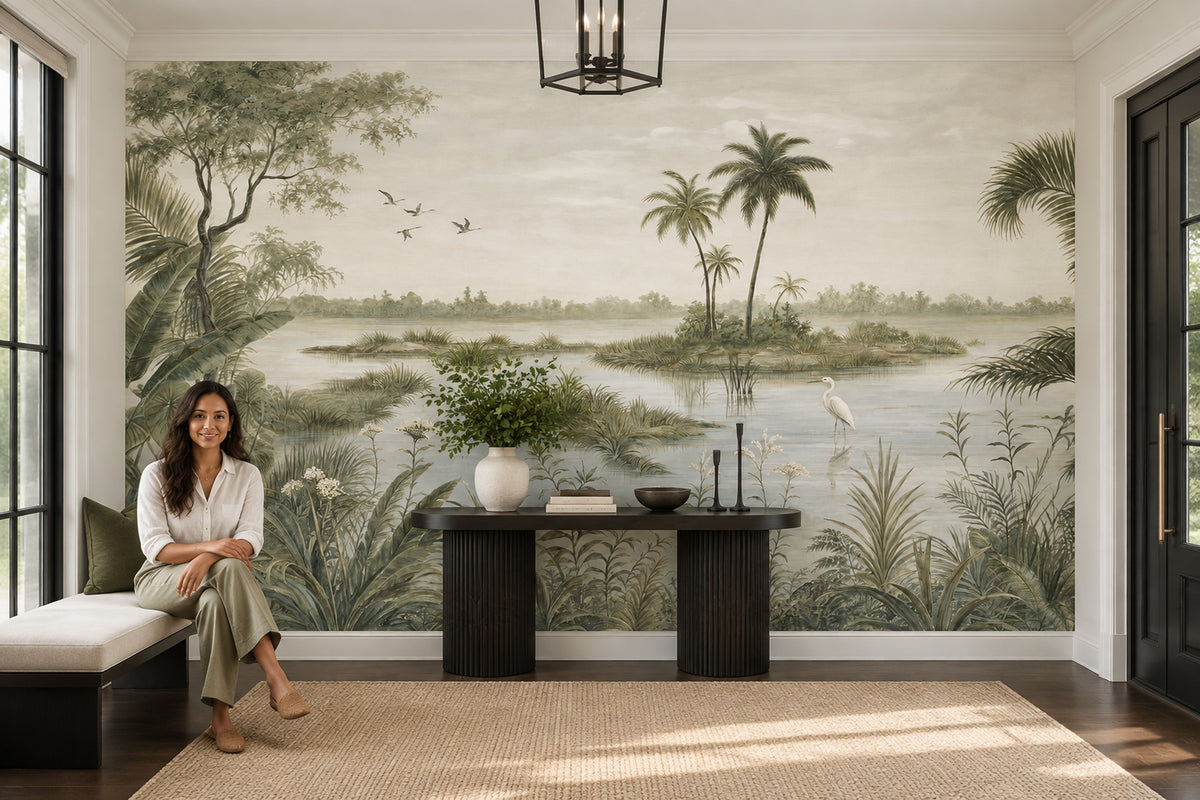 Tropical Wetland Heron Wallpaper Vintage Botanical Wall Mural