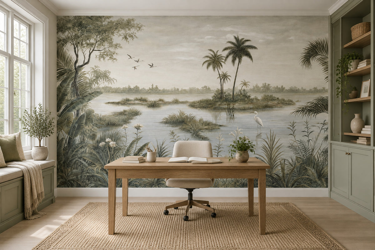 Tropical Wetland Heron Wallpaper Vintage Botanical Wall Mural