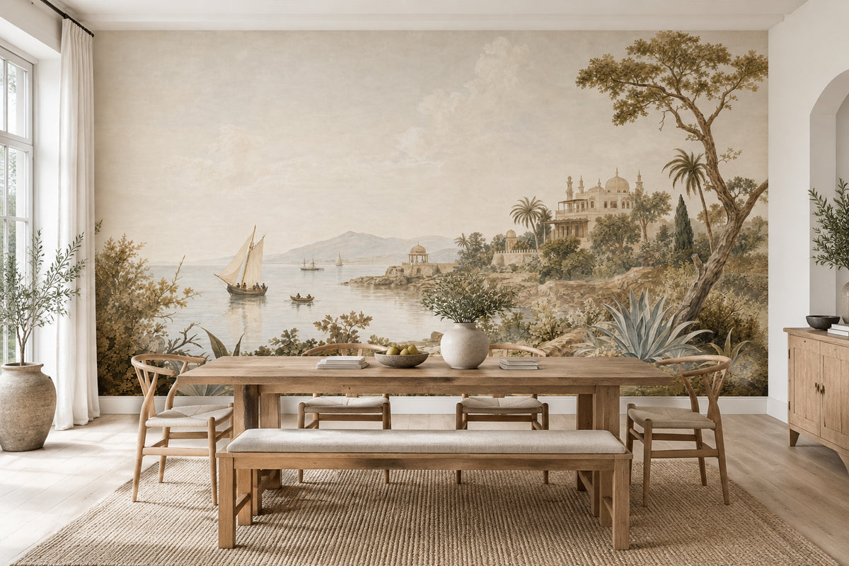 Vintage Coastal Scenery Wallpaper Mediterranean Palace Wall Mural