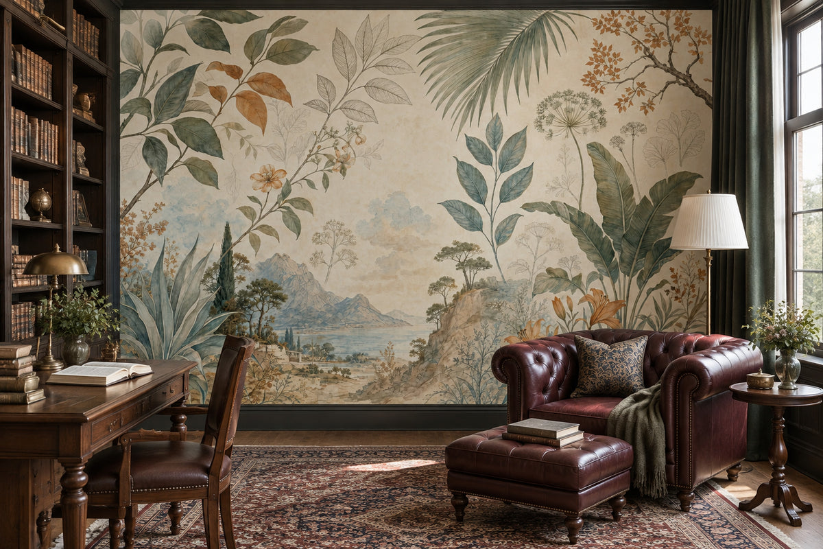 Tropical Botanical Landscape Wallpaper Vintage Panorama Wall Mural