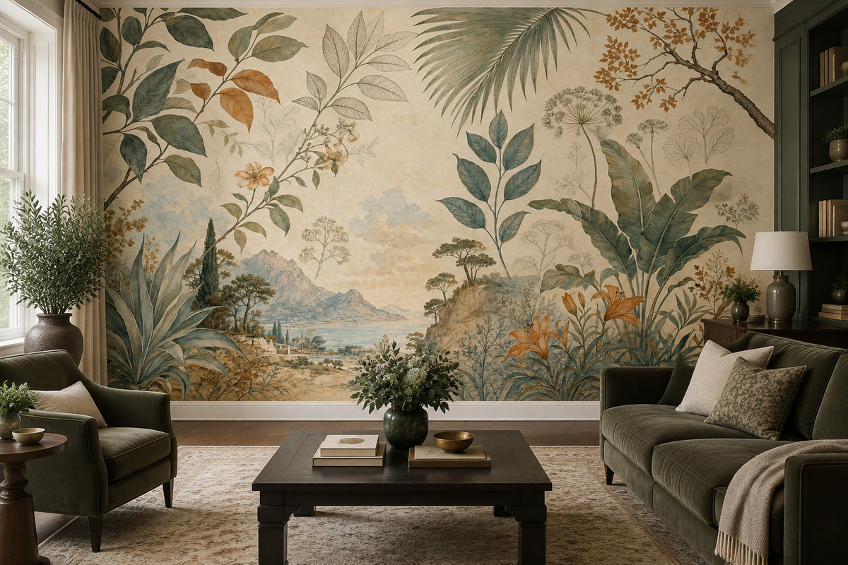 Tropical Botanical Landscape Wallpaper Vintage Panorama Wall Mural