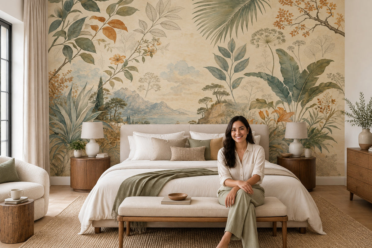 Tropical Botanical Landscape Wallpaper Vintage Panorama Wall Mural
